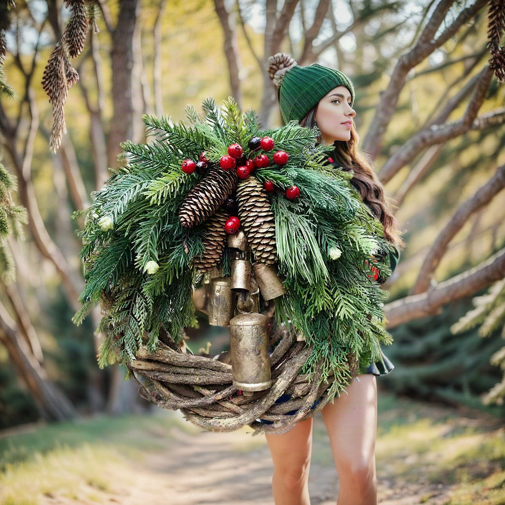 Corona de Navidad estilo boho con base de vid rústica, piñas y cascabeles dorados
