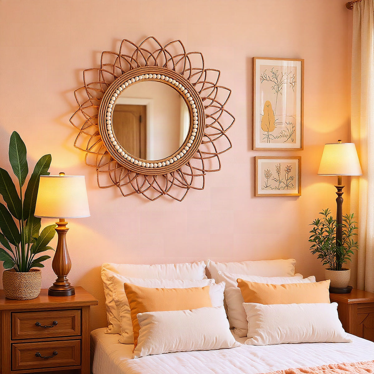 Espejo de pared decorativo con marco de ratán