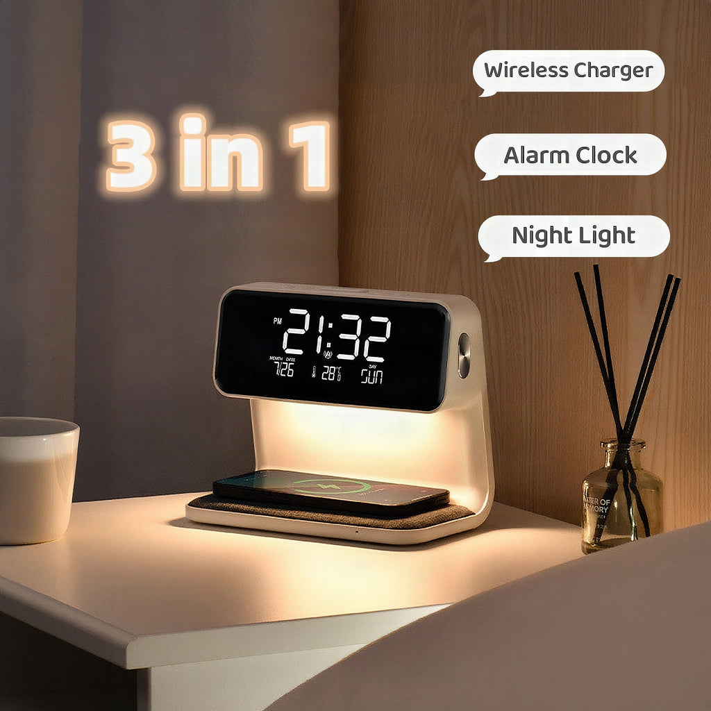 Lámpara de mesita 3 en 1 con cargador inalámbrico, despertador LCD y luz LED regulable táctil