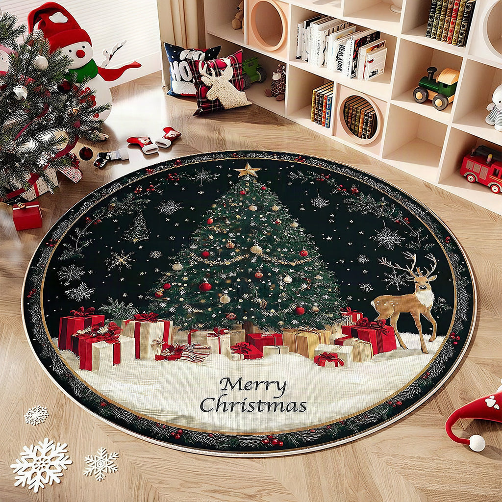 Alfombra redonda navideña con diseño de árbol y regalos