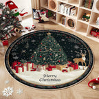 Alfombra redonda navideña con diseño de árbol y regalos