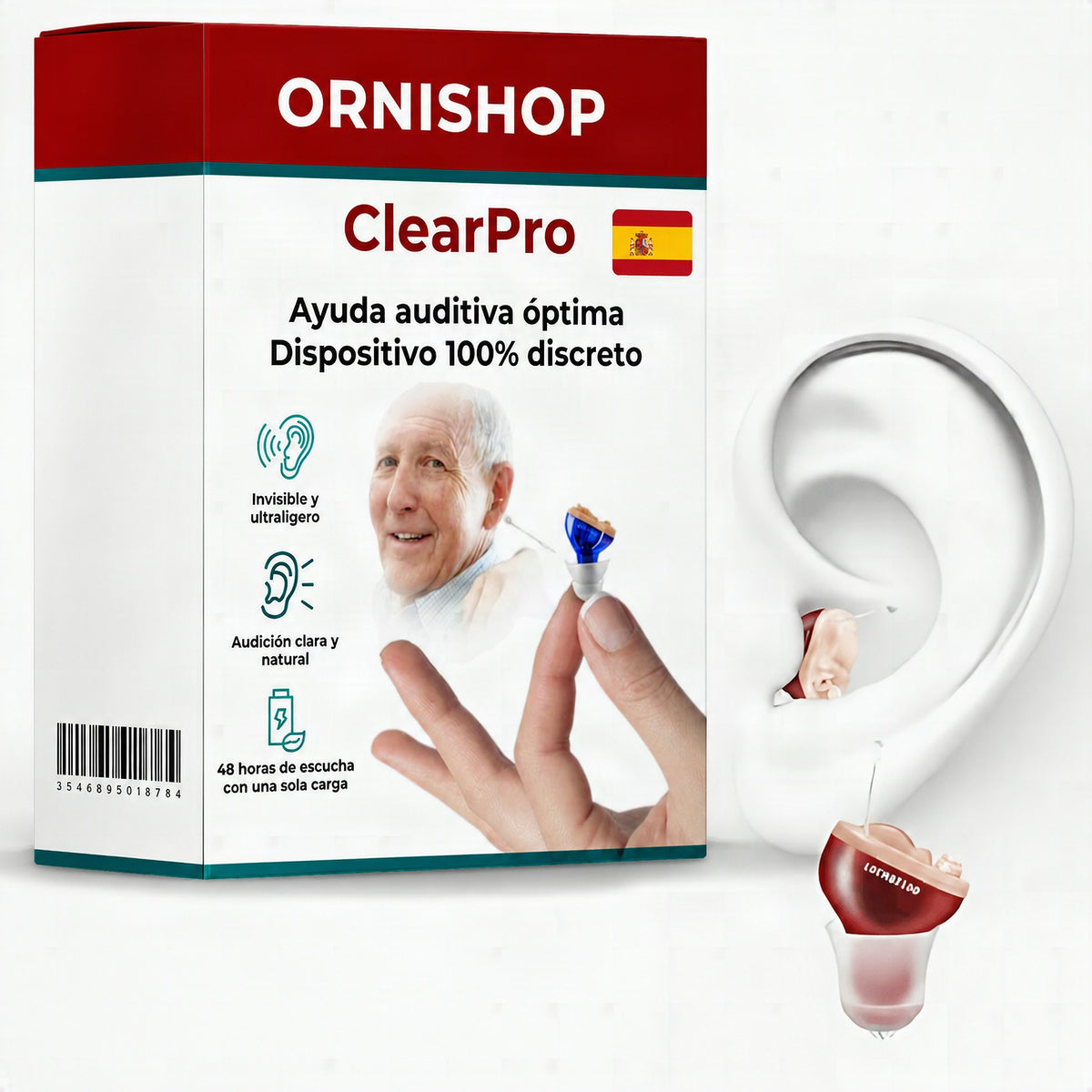 Audífono invisible ClearPro colocado discretamente en el oído de una persona