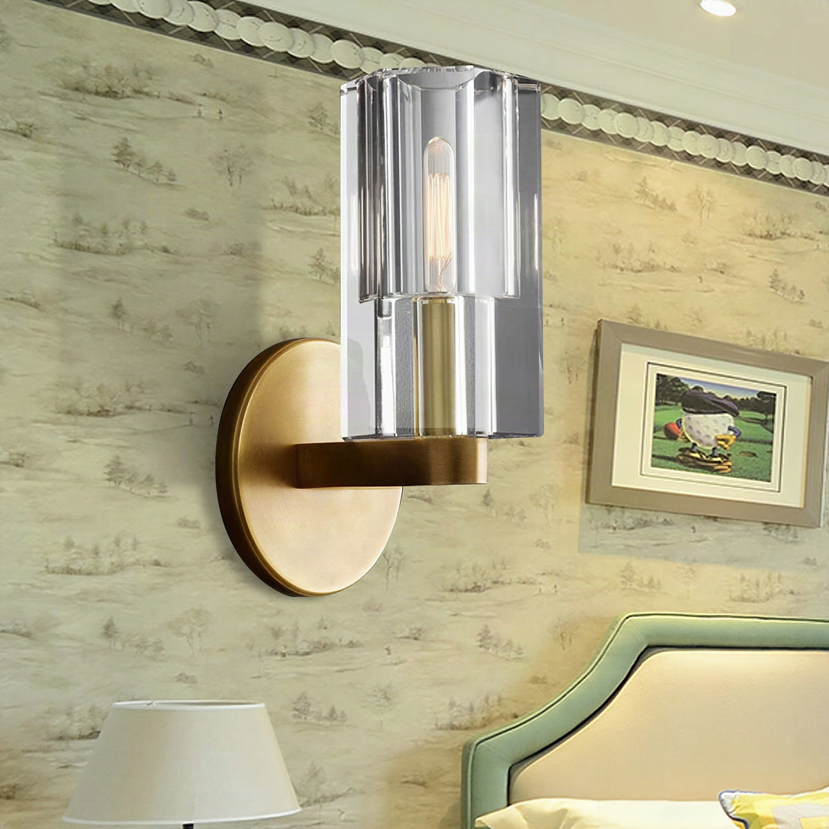 Aplique de pared modernista con cilindro de cristal transparente y placa redonda en latón