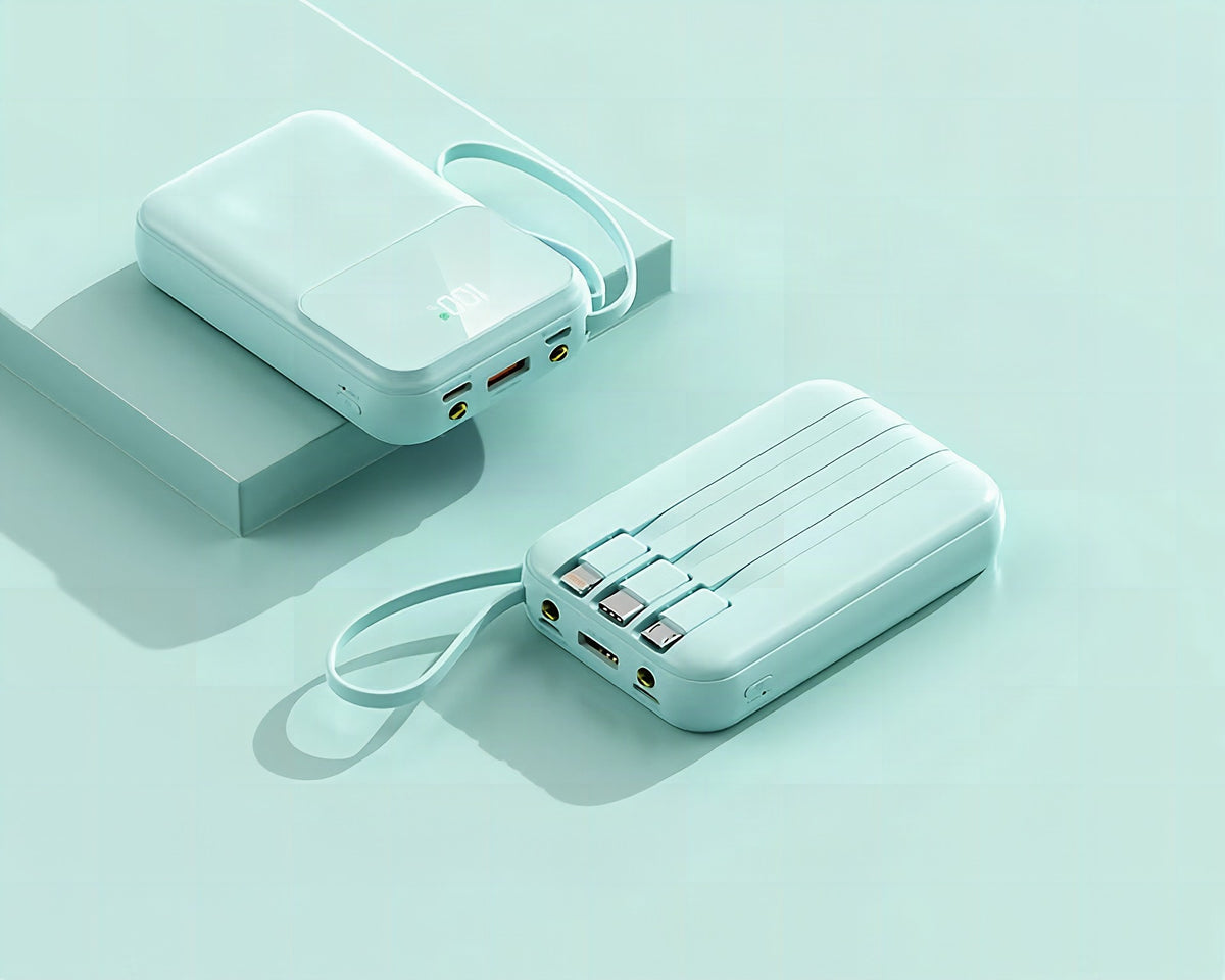 Batería externa portátil de 10.000 mAh con carga rápida y cables integrados