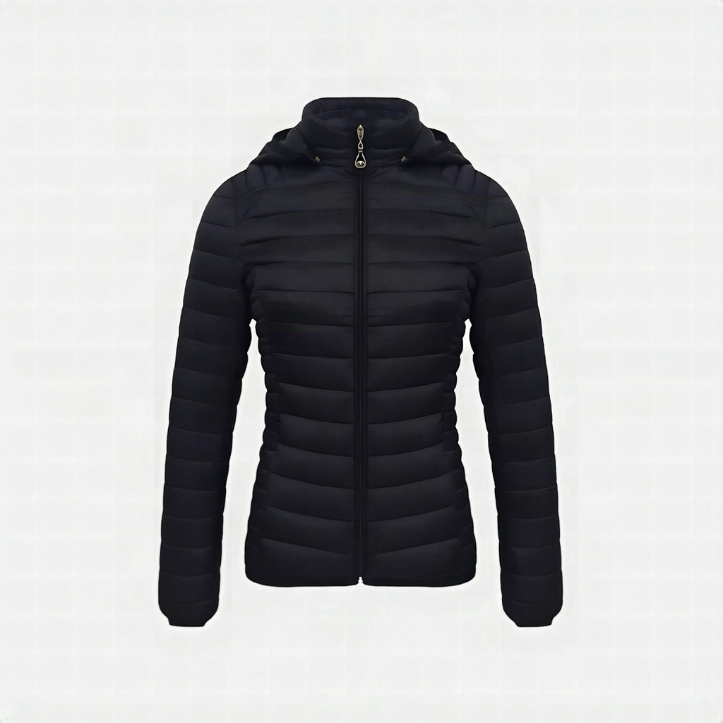 Chaqueta acolchada ultraligera para mujer ORNISHOP en color negro, vista frontal con cremallera y bolsillos laterales