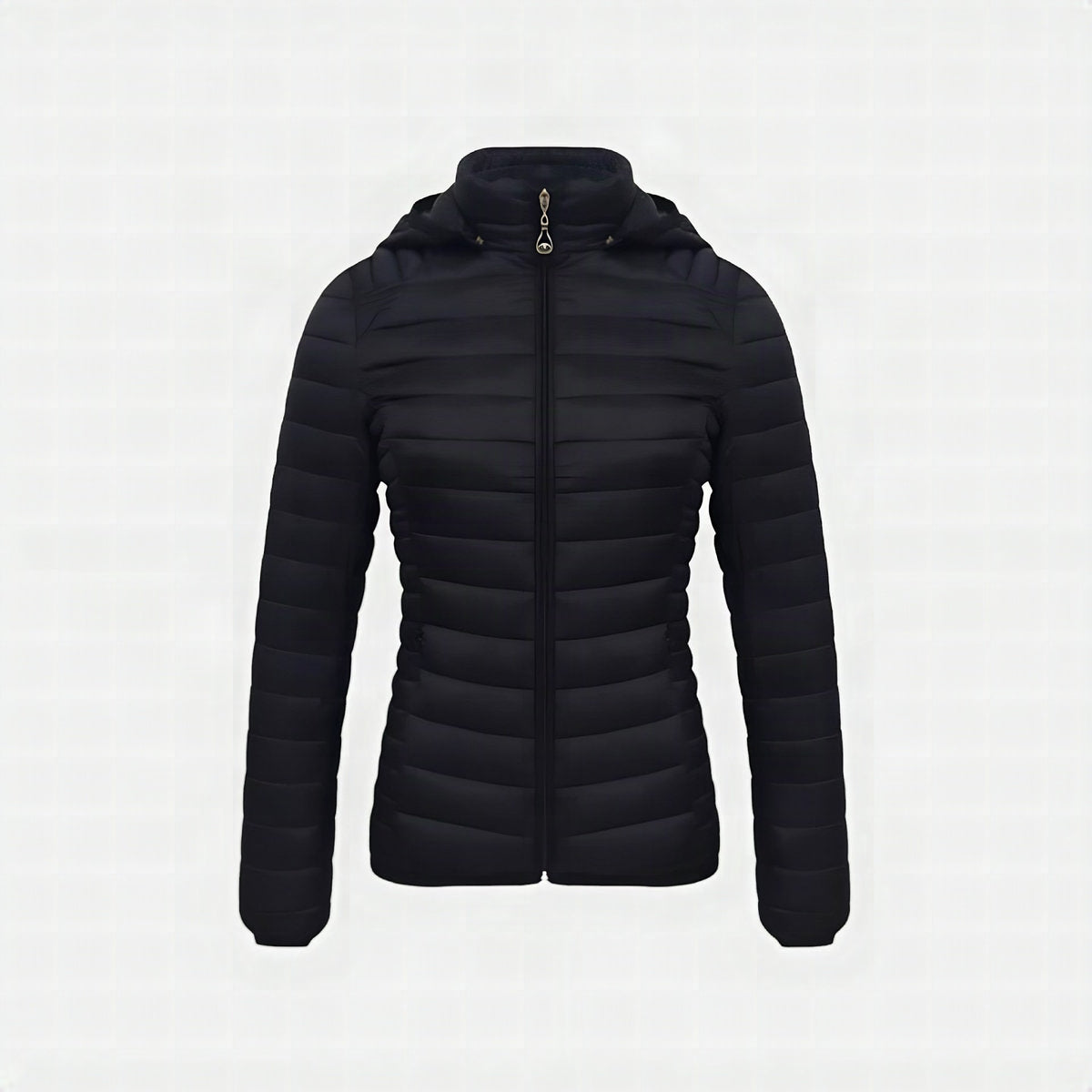 Chaqueta acolchada ultraligera para mujer ORNISHOP en color negro, vista frontal con cremallera y bolsillos laterales