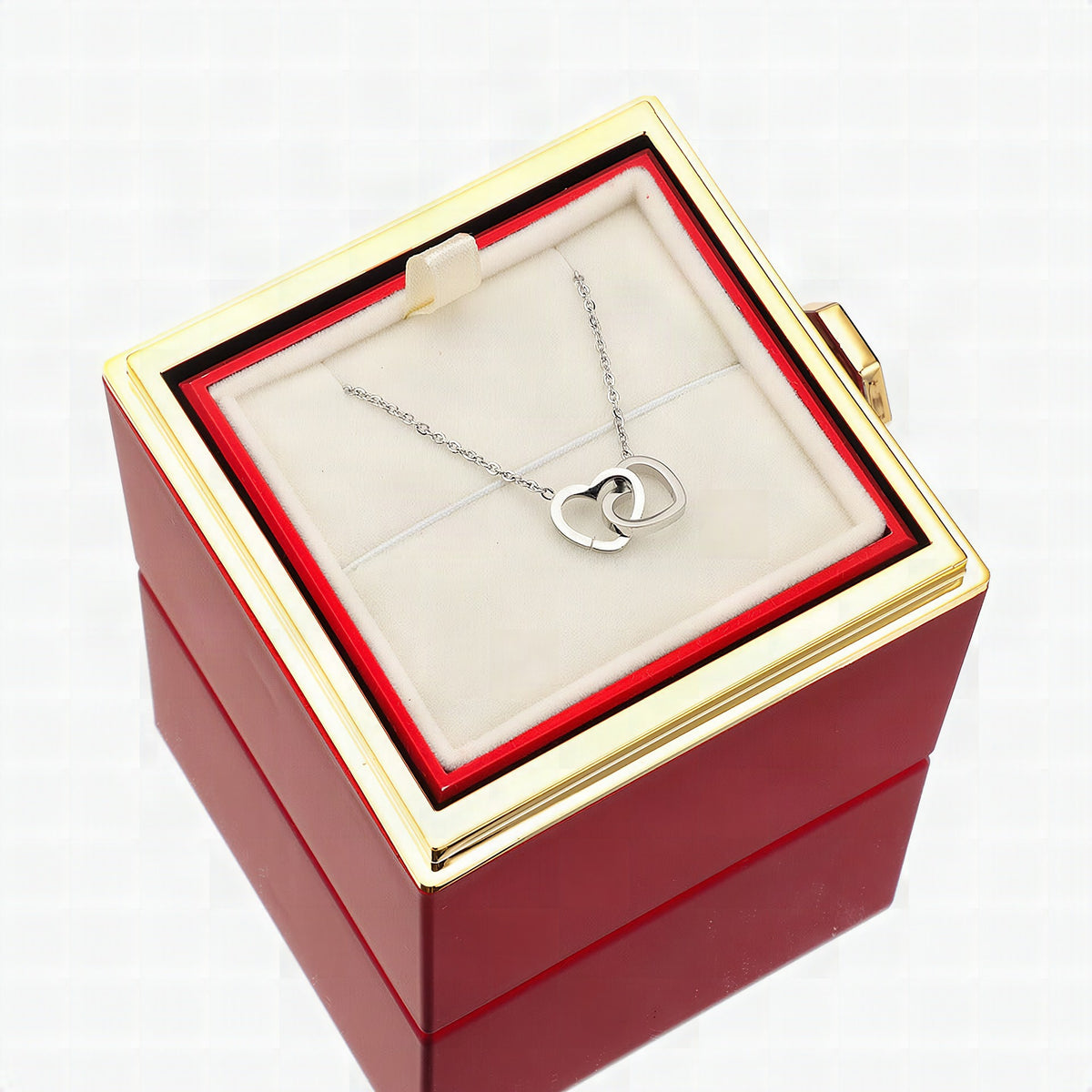 Joyero Lunavia con rosa eterna y collar de corazón – oro blanco de 14k y acabado en oro de 18k