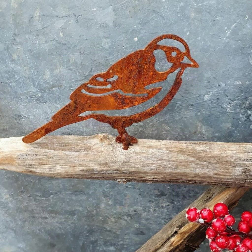 Pájaro decorativo de metal con acabado rústico