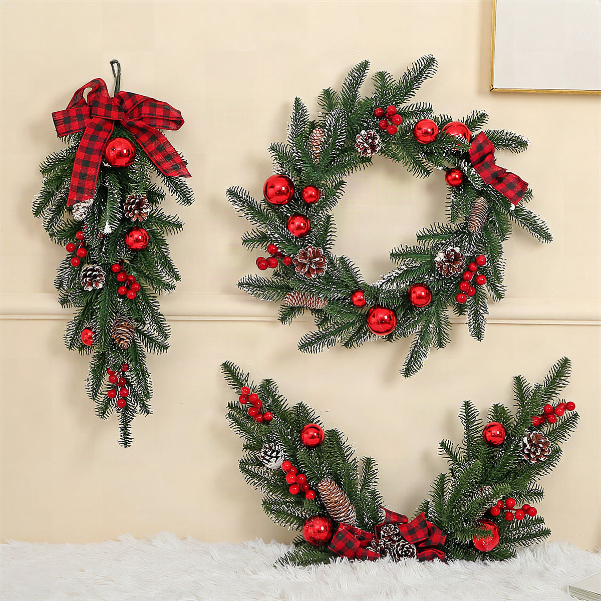 Set de decoración navideña de 3 piezas – Guirnalda, corona y colgante de pared
