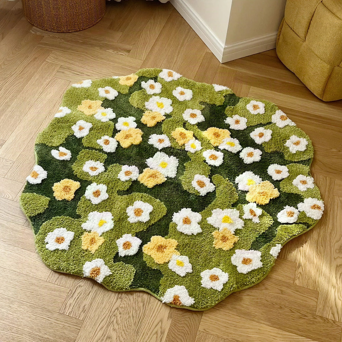 Alfombra de baño estilo margaritas y musgo