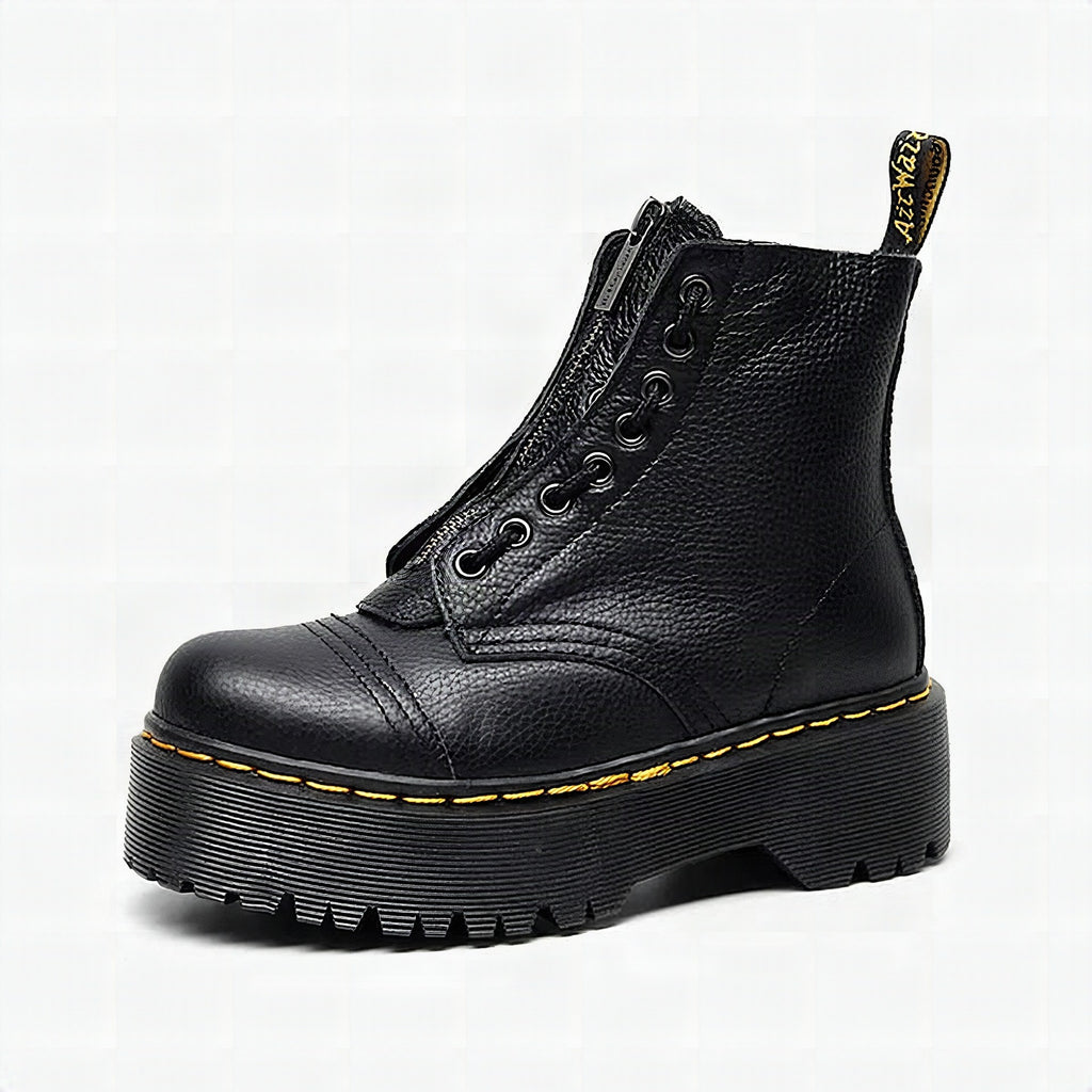 Botines de piel auténtica con plataforma gruesa para mujer en color negro, vista frontal.