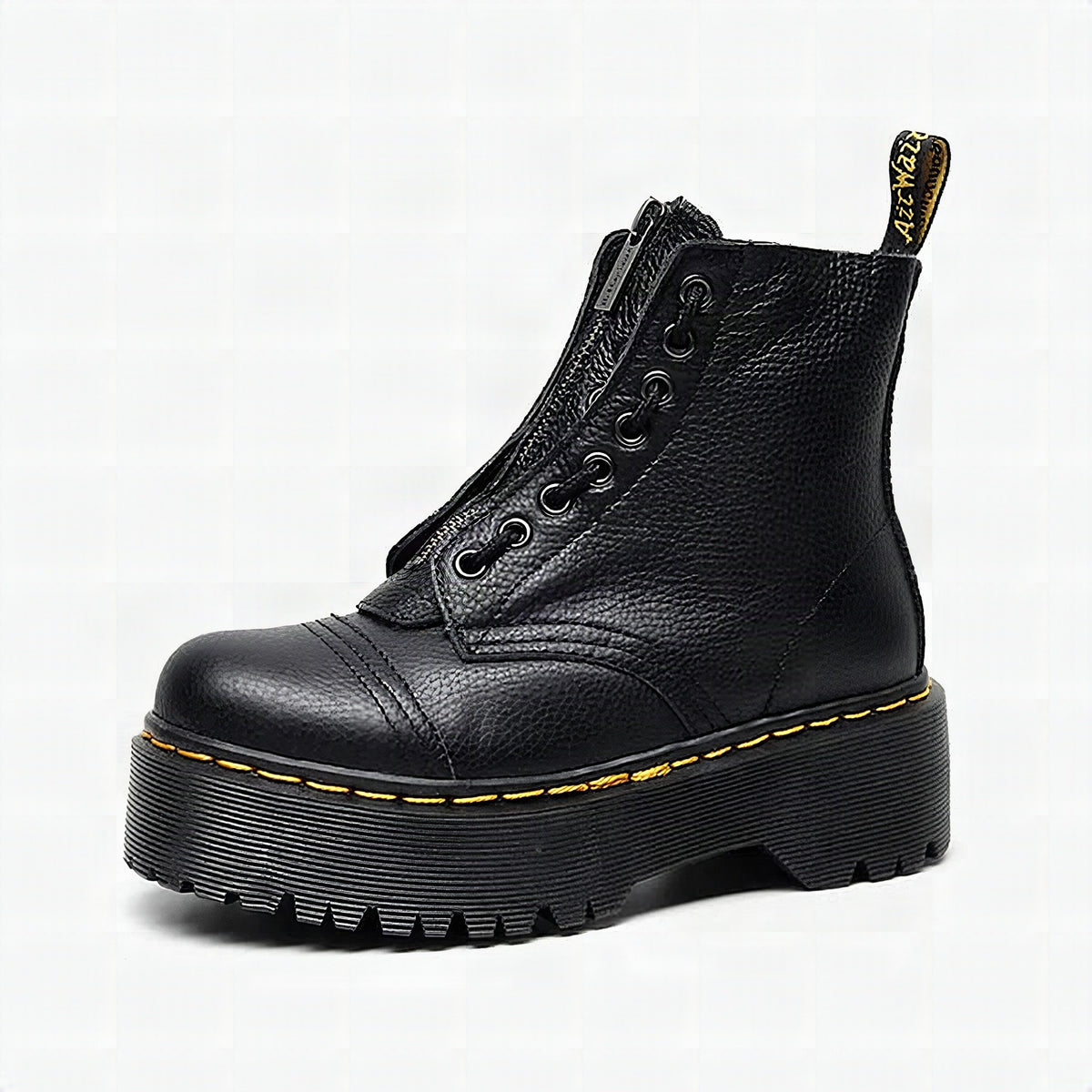 Botines de piel auténtica con plataforma gruesa para mujer en color negro, vista frontal.