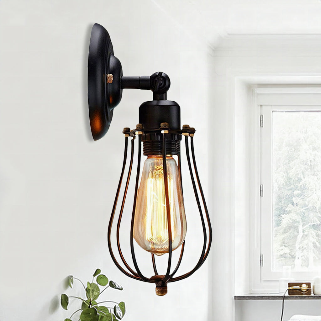 Pack de 2 lámparas de pared industriales con jaula metálica negra, 1 luz, casquillo E26/E27