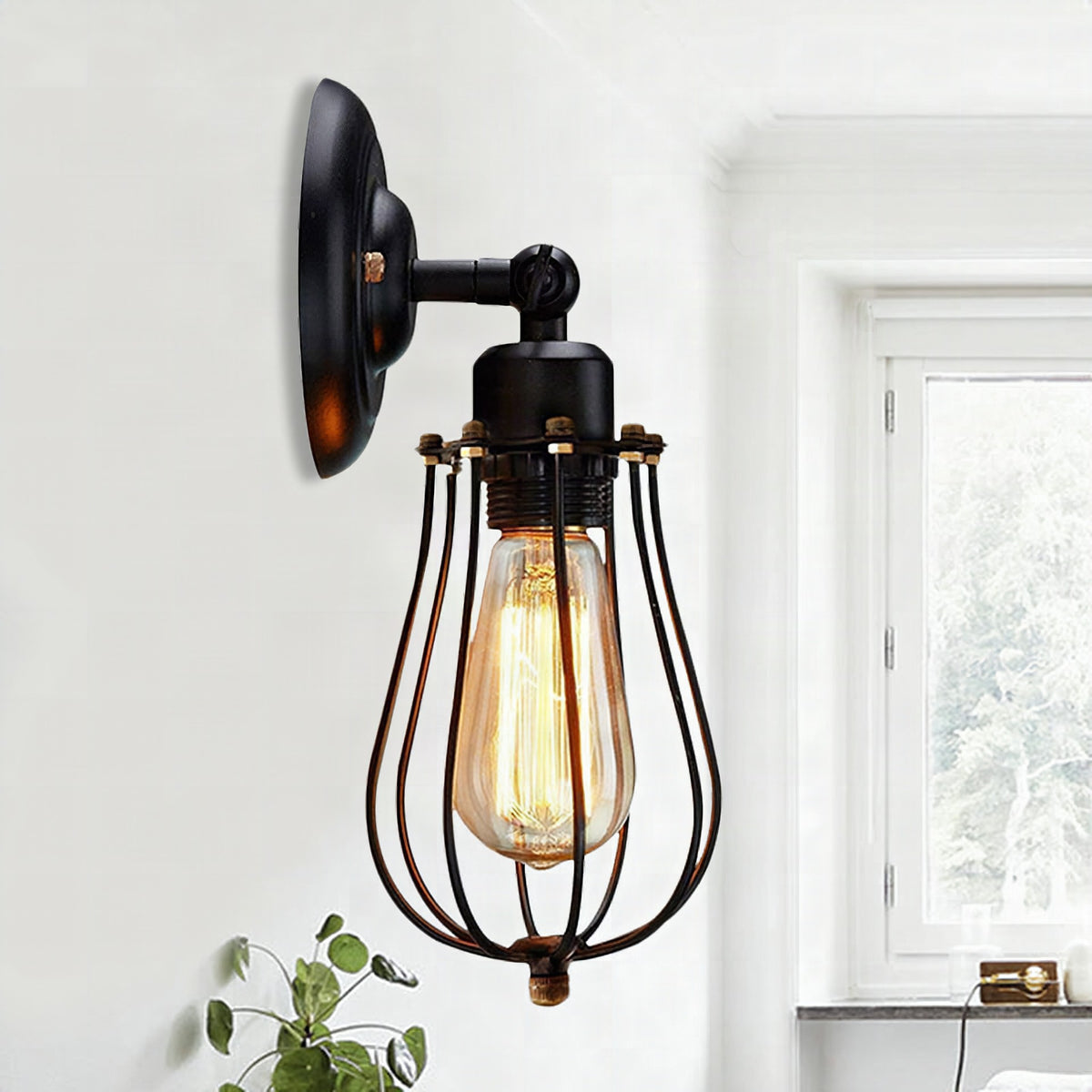 Pack de 2 lámparas de pared industriales con jaula metálica negra, 1 luz, casquillo E26/E27