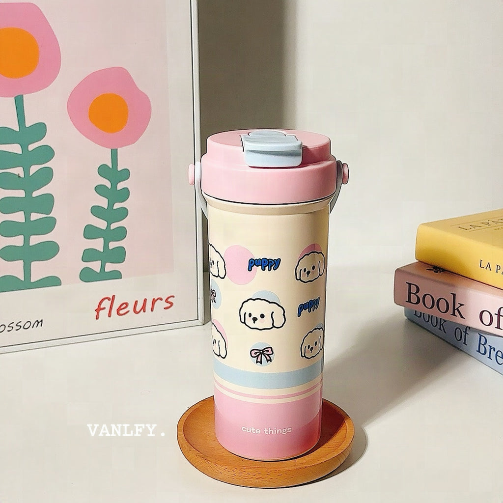 Vaso térmico con tapa abatible y diseño de perrito adorable