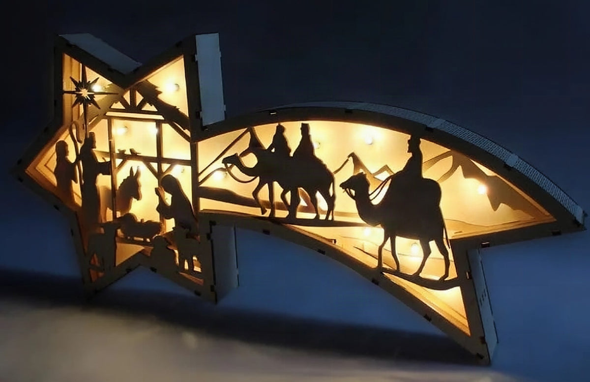 Lámpara de sobremesa LED navideña de madera con forma de estrella y belén