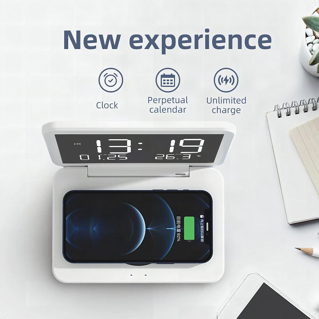 Despertador digital con carga inalámbrica rápida 15 W, temperatura y luz