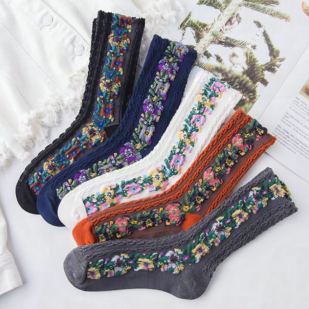 Calcetines vintage con bordado floral (5 pares)