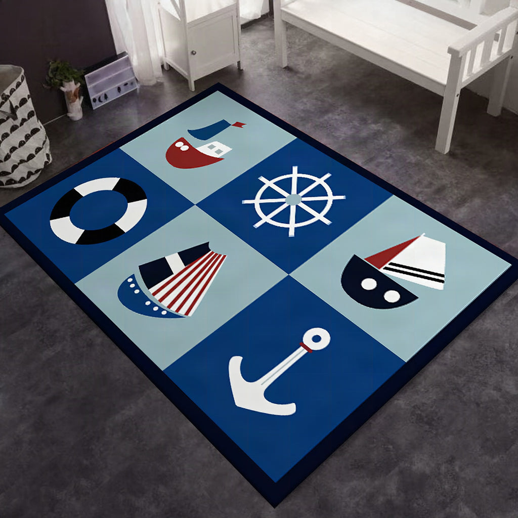Alfombra infantil azul con coches, carreteras, anclas y timones
