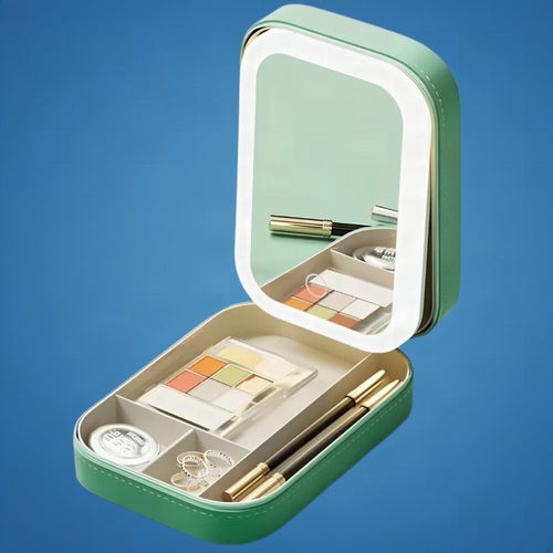 Espejo con luz LED y organizador de maquillaje GlowSpace con ángulo ajustable