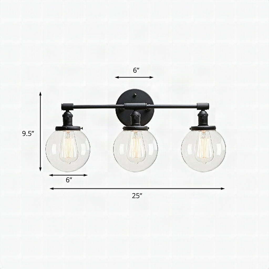 Aplique de pared industrial negro con 3 luces y pantallas de cristal transparente tipo burbuja