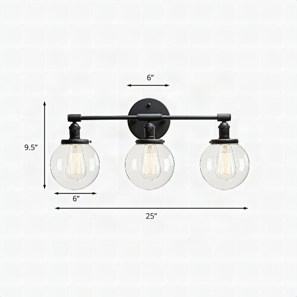 Aplique de pared industrial negro con 3 luces y pantallas de cristal transparente tipo burbuja