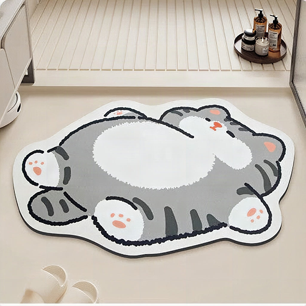 Alfombrilla de baño con forma de gato de felpa con base antideslizante y acolchado de espuma