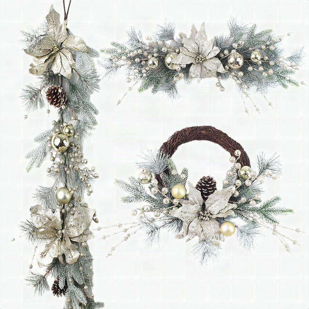 Corona navideña decorativa con guirnalda y ramas de pino artificial