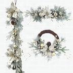 Corona navideña decorativa con guirnalda y ramas de pino artificial