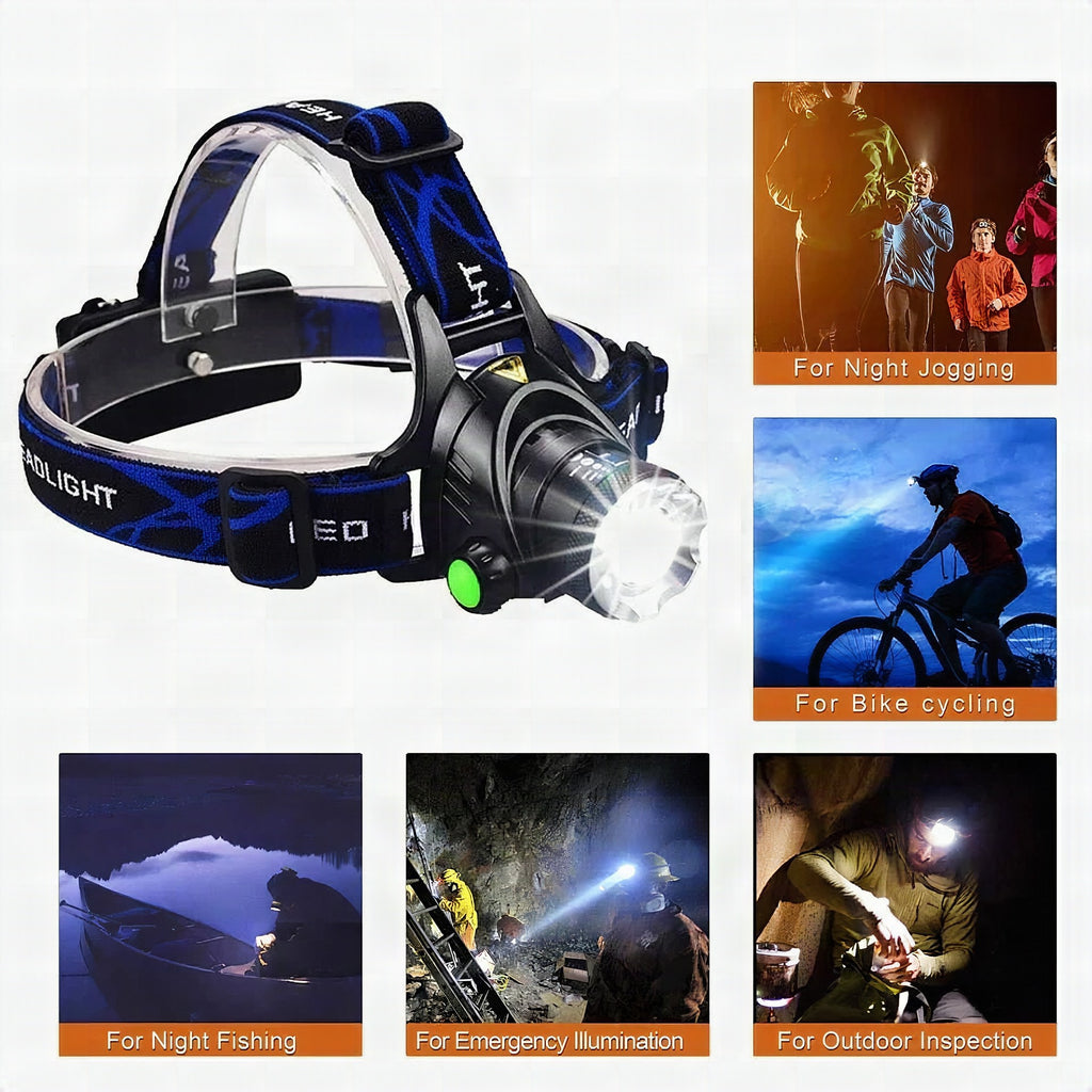 Linterna frontal LED recargable con zoom y resistencia al agua