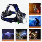 Linterna frontal LED recargable con zoom y resistencia al agua