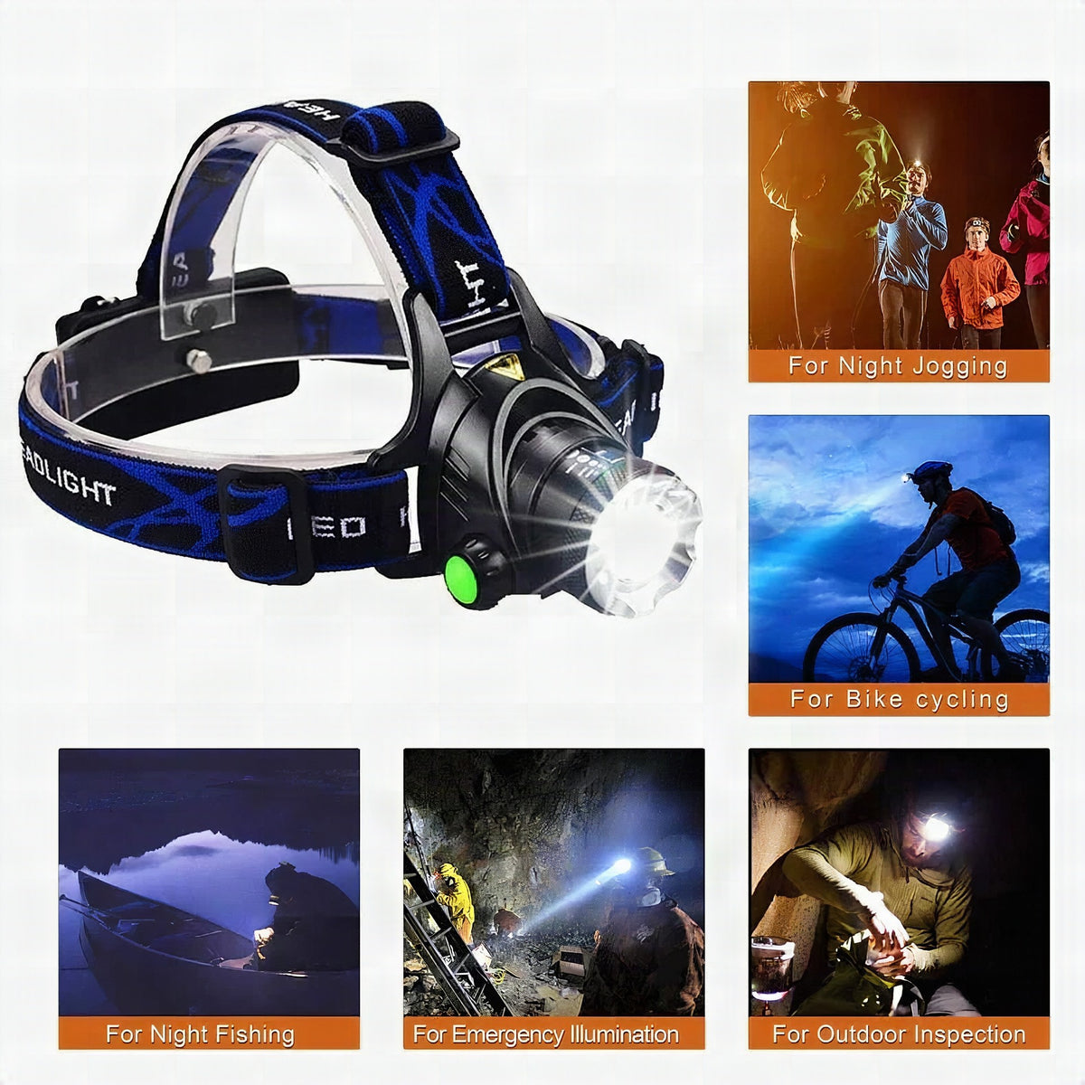 Linterna frontal LED recargable con zoom y resistencia al agua