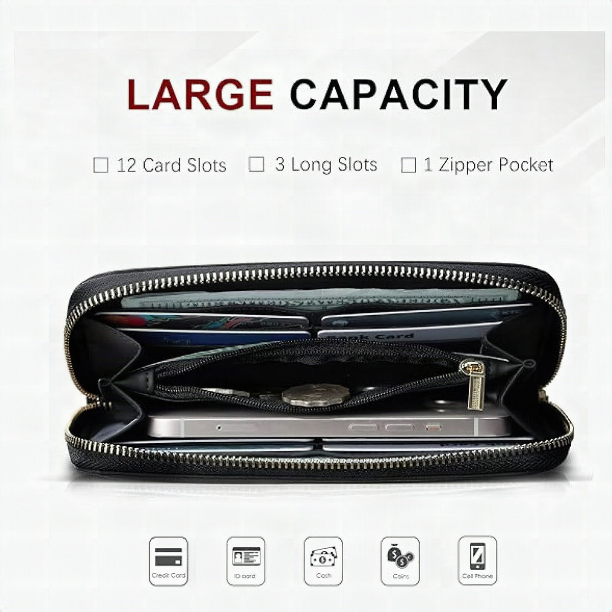 Cartera elegante con cremallera práctica y ranuras para tarjetas