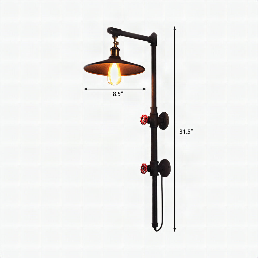 Aplique de pared industrial con brazo articulado y tubería metálica negra