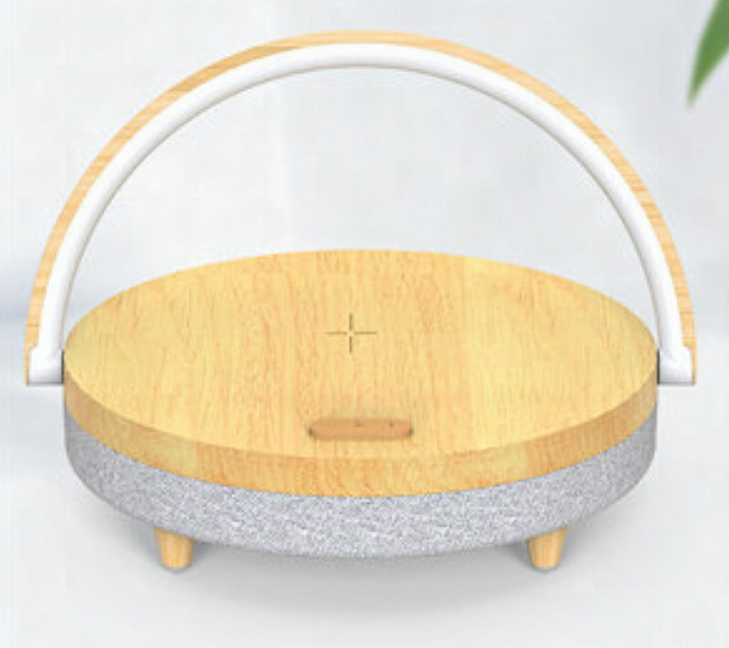 Lámpara de mesa multifunción con cargador inalámbrico, altavoz Bluetooth y soporte para móvil