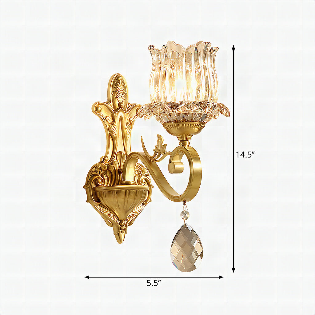 Aplique de pared con flor de cristal transparente y brazo tallado dorado contemporáneo