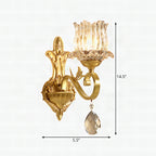 Aplique de pared con flor de cristal transparente y brazo tallado dorado contemporáneo