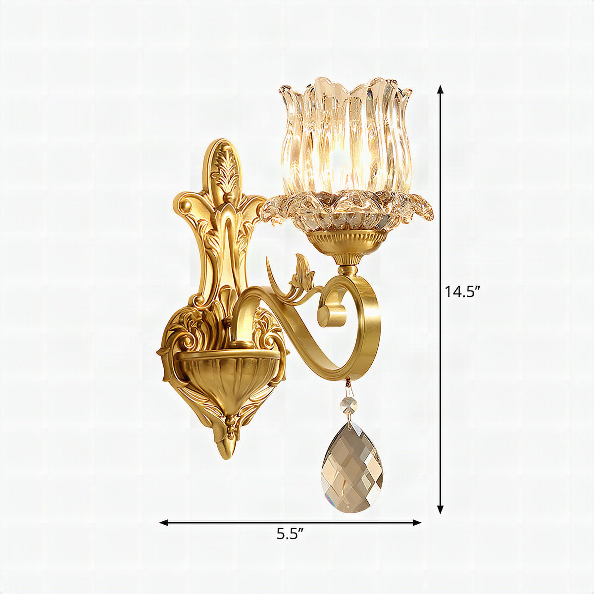 Aplique de pared con flor de cristal transparente y brazo tallado dorado contemporáneo