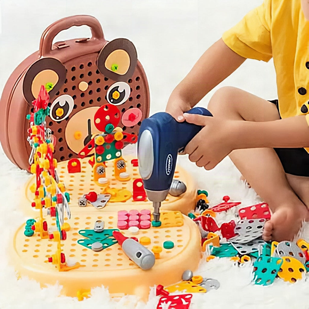 Set de construcción 3D con taladro para creatividad y resolución de problemas