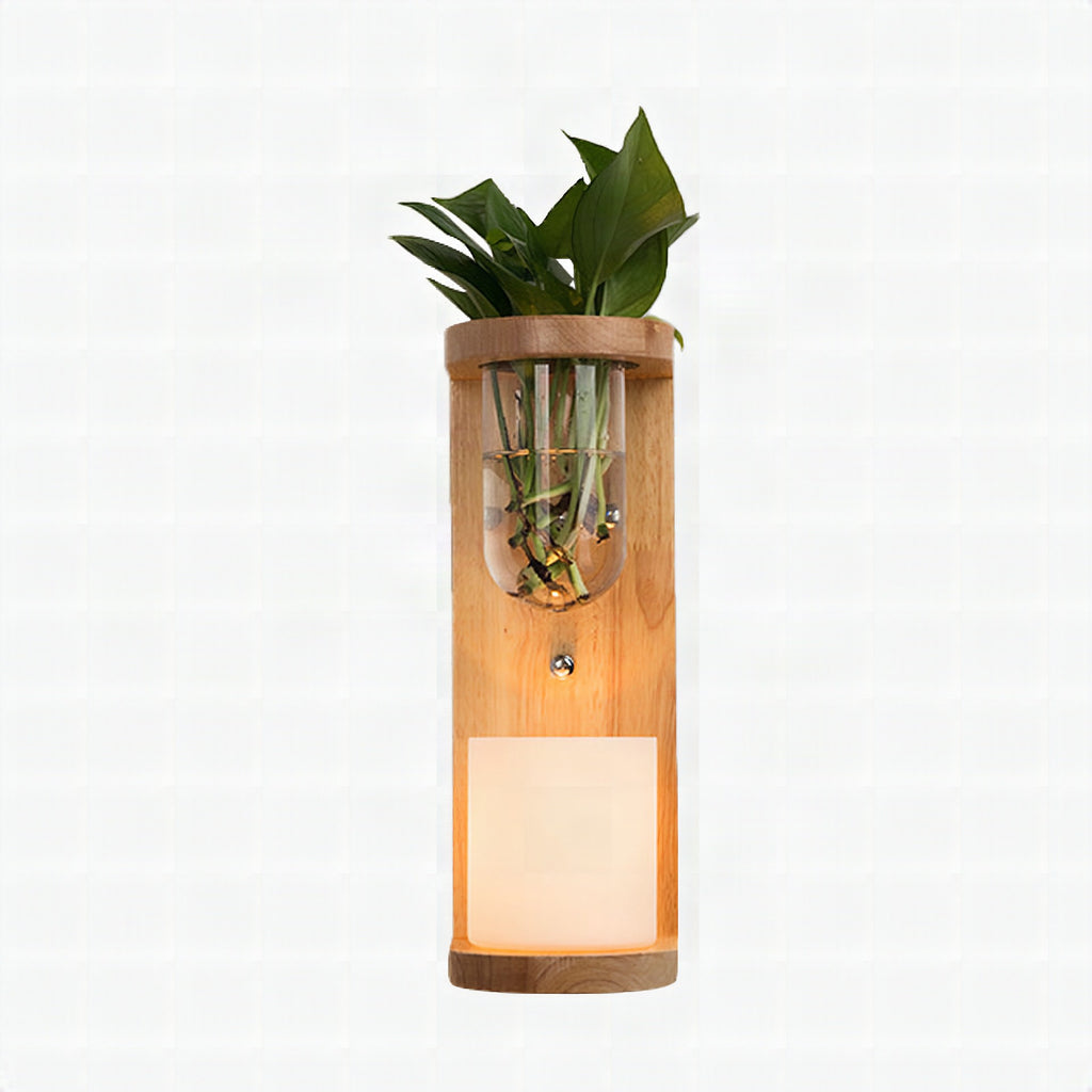 Aplique de pared cilíndrico de madera con cristal opal estilo industrial