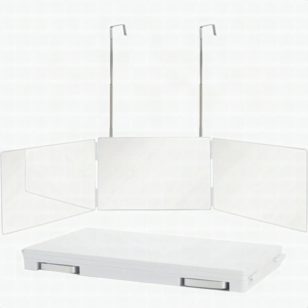 Espejo triple plegable con gancho para maquillaje, peinado y afeitado