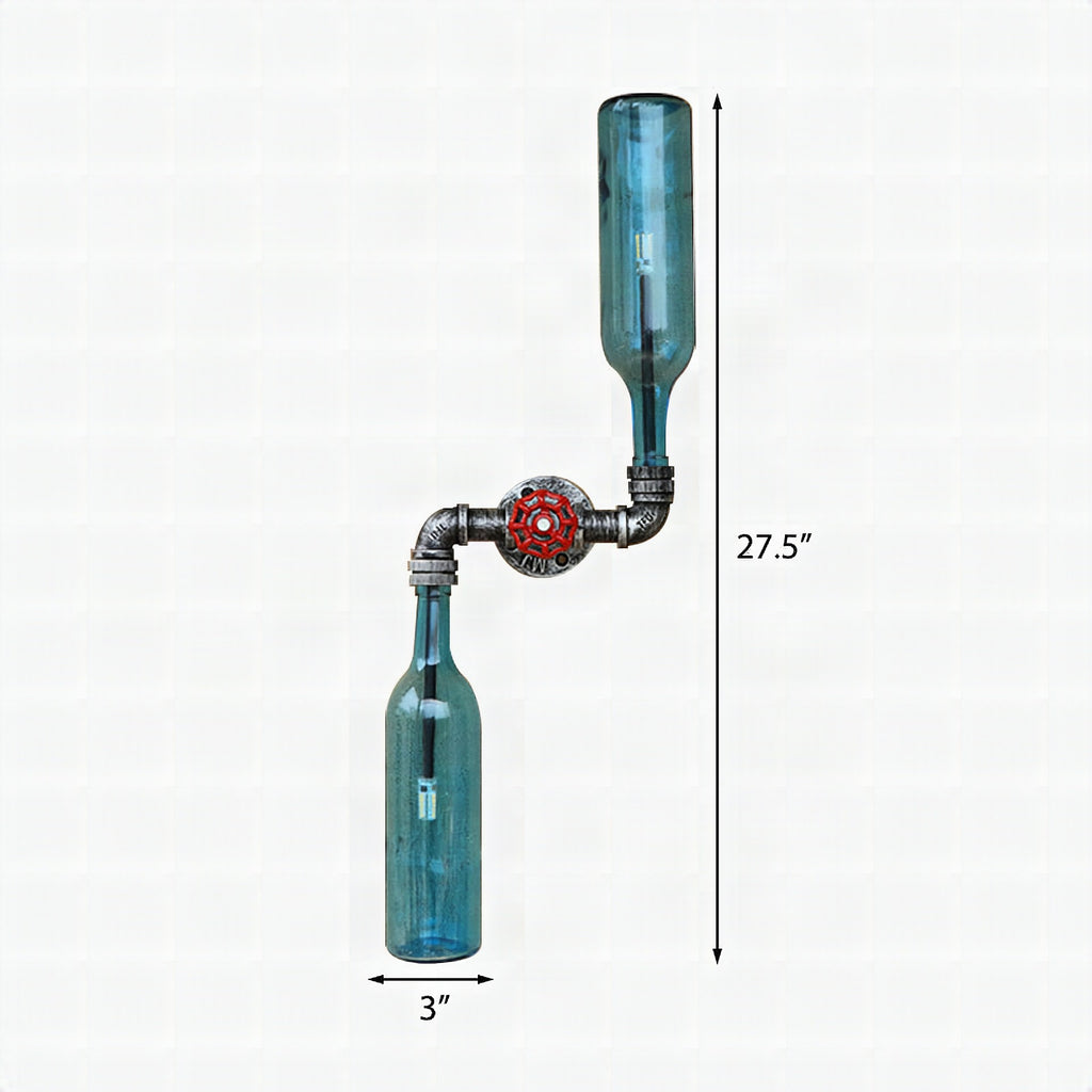Aplique de pared estilo industrial con botellas de cristal gris/azul, 2 luces