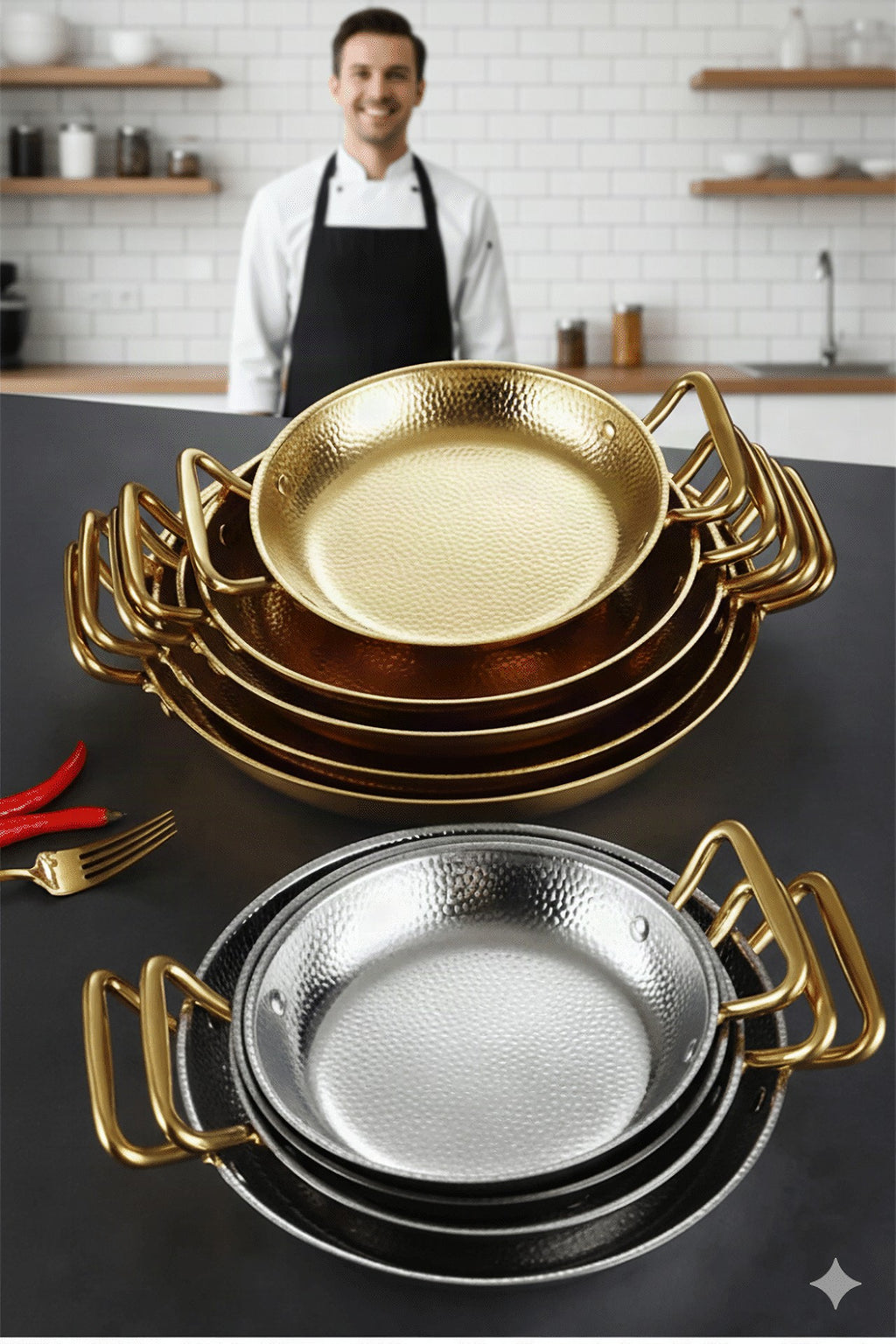 Cacerola de acero inoxidable martillado para freír, salsas y cocina versátil