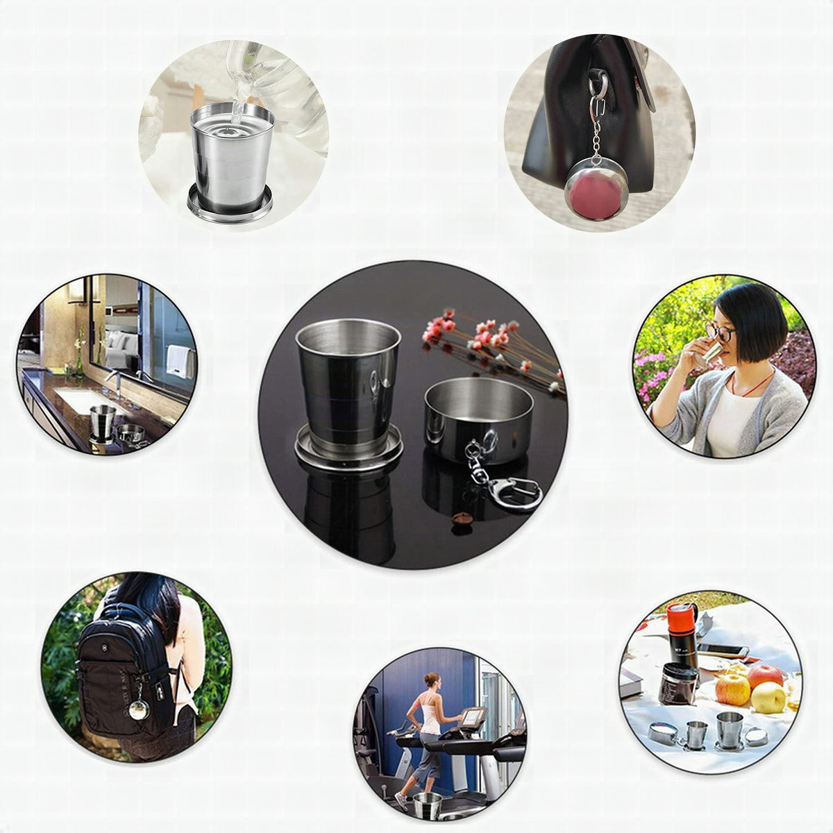 Vaso plegable telescópico de acero inoxidable con mosquetón