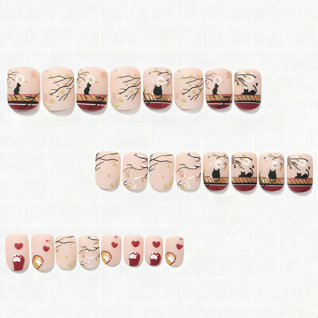 Set de uñas postizas artísticas con diseño de gatos