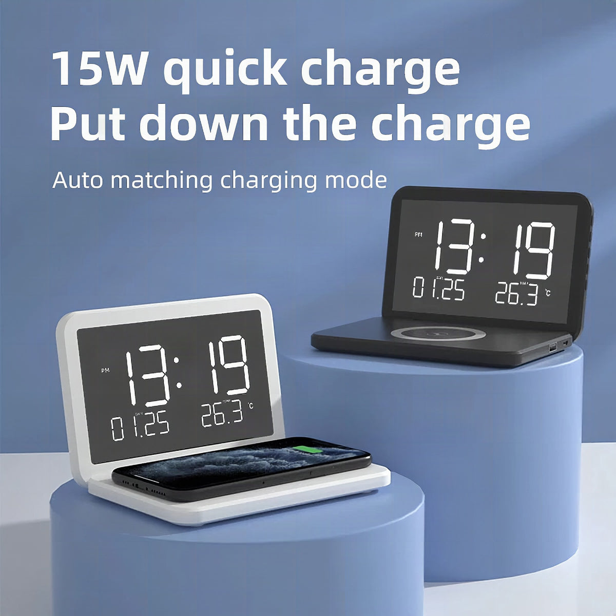Despertador digital con carga inalámbrica rápida 15 W, temperatura y luz