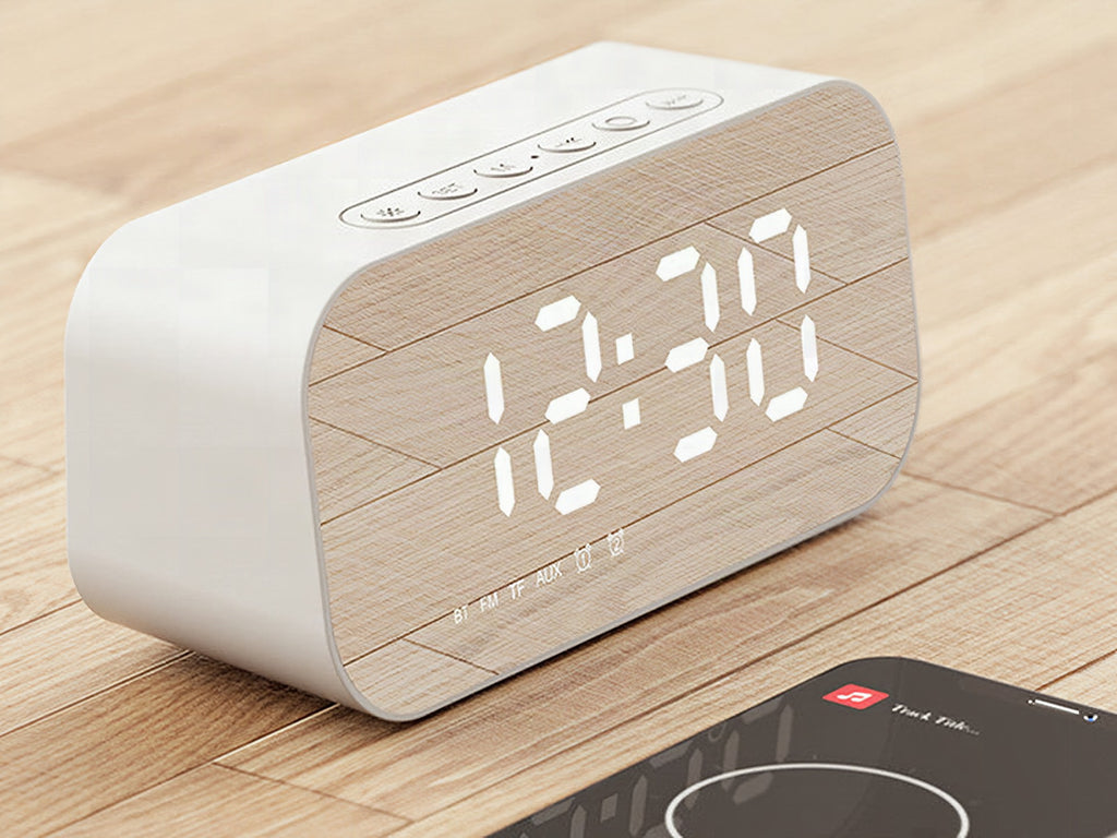 Altavoz Bluetooth 3 en 1 con subwoofer, despertador, reloj espejo y termómetro