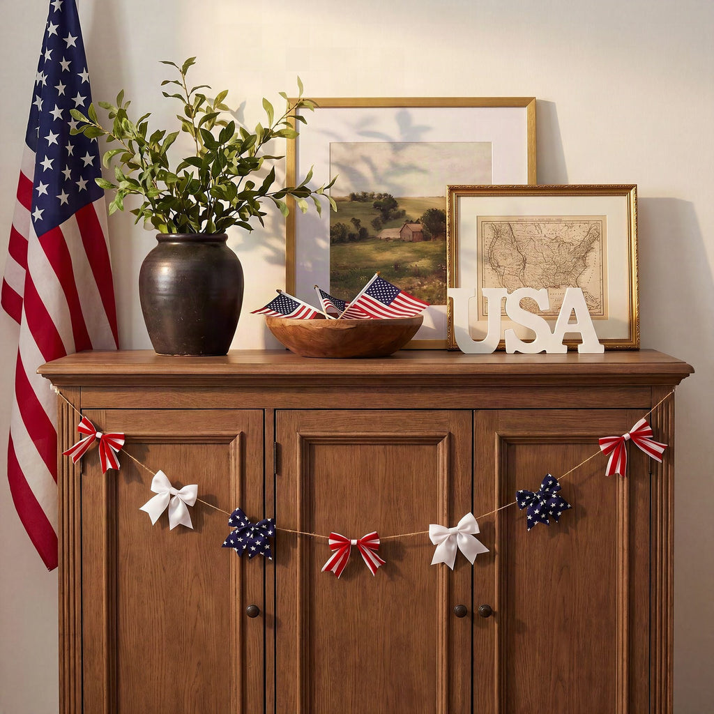 Guirnalda decorativa unisex con lazos de tela a rayas y cordón de yute