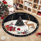 Alfombra redonda navideña con diseño de árbol y regalos