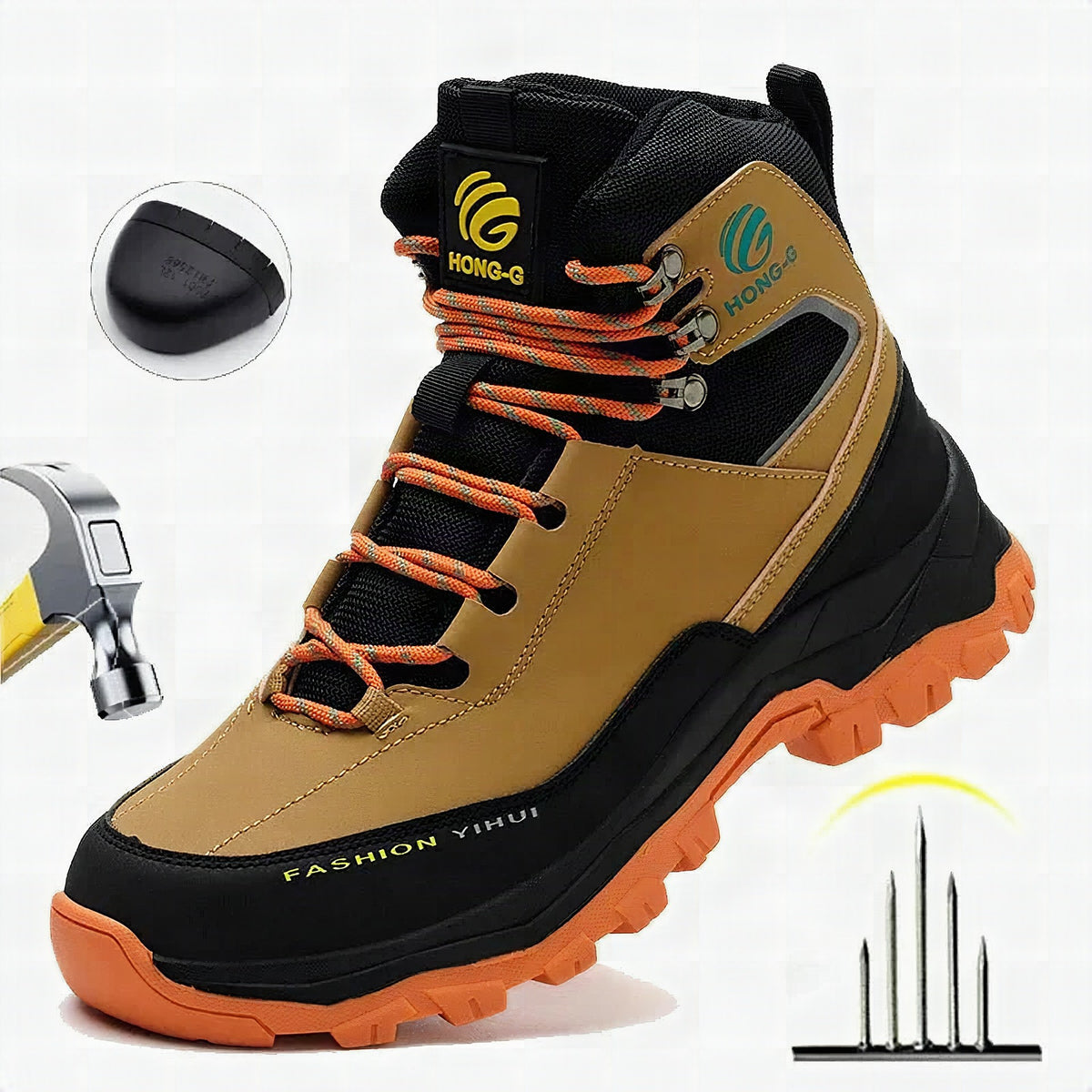 Detalle de puntera reforzada y suela antiperforación de botas ORNISHOP HONG-G para máxima seguridad